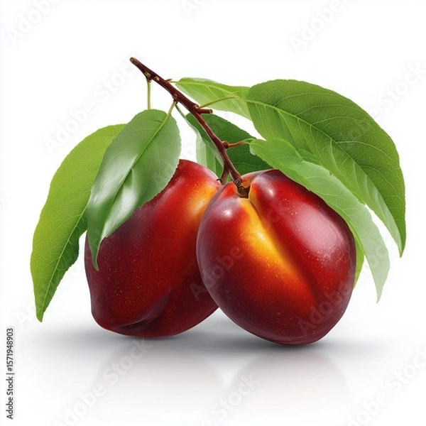 Obraz two smooth cartoon peaches on the cover of an advertisement white background, close-up, vector graphics, abstract fruit concept