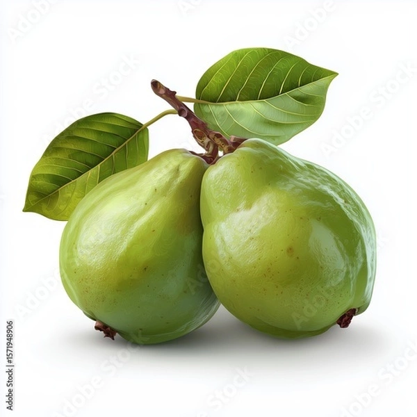 Obraz two smooth cartoon guavas on the cover of an advertisement white background, close-up, vector graphics, abstract fruit concept