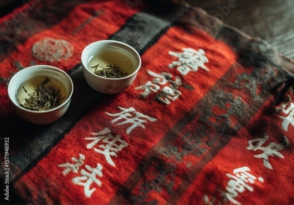 Obraz Two white cups of green tea sit on top of a red and black striped cloth on the table. The cups contain some loose tea leaves inside. 