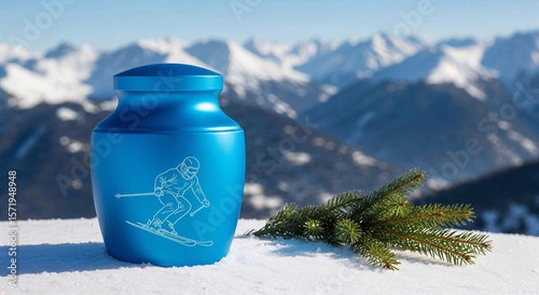 Fototapeta  blue cremation urn with engraved line illustration of a skier in motion set in fresh snow on the ski slope. Nearby lie fir branches