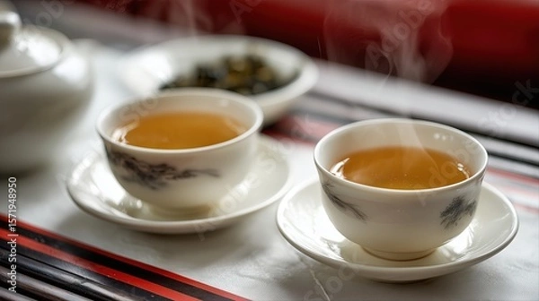 Obraz White porcelain tea cups filled with green loose-leaf oolong tea, with milk in the center of an Asian-style table, featuring red and black stripes on a white paper surface with beautiful sunlight