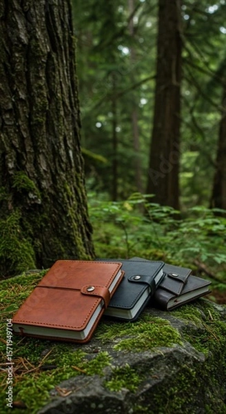 Fototapeta Leather Journals Resting on Mossy Rock in a Lush Forest Setting