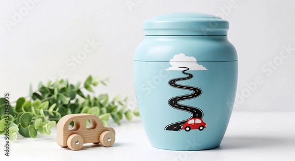 Fototapeta Blue urn for a boy with car design and toy car riding to the sky  
