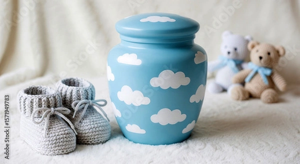 Fototapeta Blue cloud-patterned urn with baby booties and stuffed bears nearby  