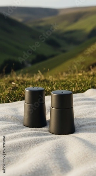 Fototapeta Minimalist salt and pepper shakers on a blanket with a green hillside backdrop
