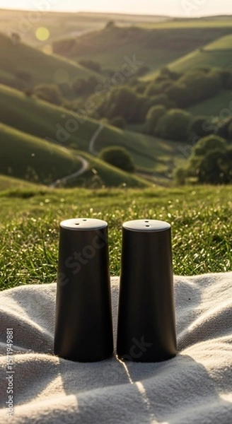 Fototapeta Minimalist salt and pepper shakers on a blanket with a scenic landscape backdrop