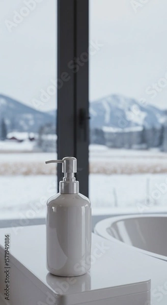 Fototapeta Minimalist Soap Dispenser with Snowy Mountain View in Modern Bathroom Setting
