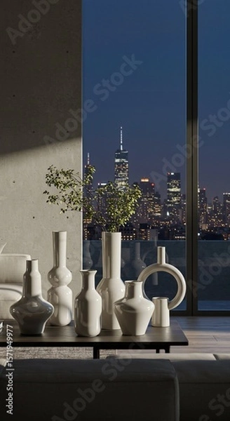 Fototapeta Modern Vases with Greenery Against a Nighttime Cityscape View from a Contemporary Apartment