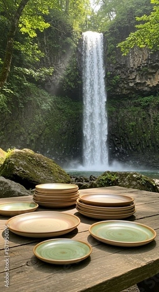 Fototapeta Plates on Rustic Table with Waterfall Backdrop, Serene Outdoor Dining Scene