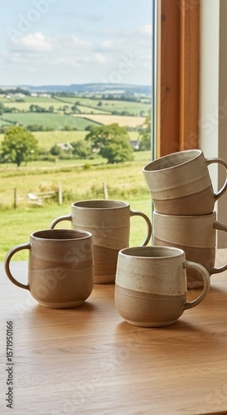 Fototapeta Rustic ceramic mugs on wooden table with scenic countryside view through window