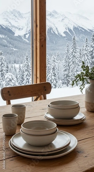 Fototapeta Rustic Dining Set with Snowy Mountain View