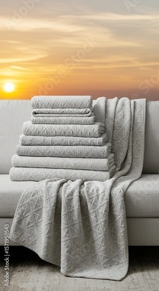Fototapeta Stacked Gray Towels and Blanket on a Couch with Sunset Background