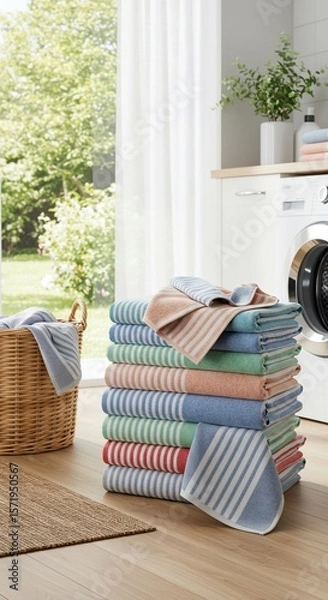 Fototapeta Stacked Striped Towels in Laundry Room with Basket and Natural Light