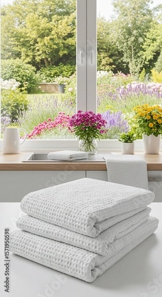 Fototapeta Stacked waffle weave towels with garden view from kitchen window