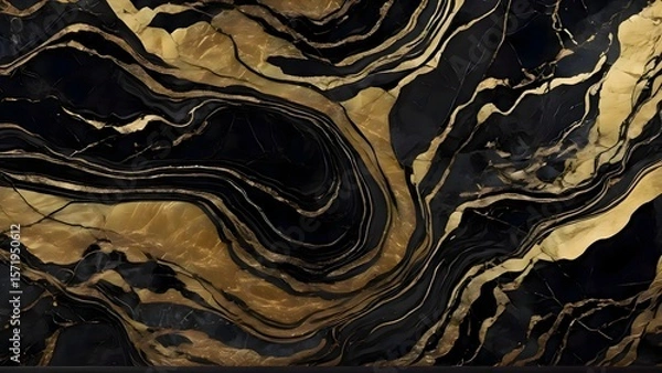 Fototapeta Close-up image of a black and gold marble slab with intricate natural patterns and glossy surface used in high-end design
