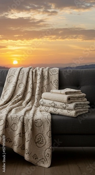 Fototapeta Sunset Backdrop Enhances Patterned Blanket and Towels on Dark Sofa, Peaceful Scene.
