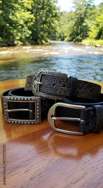 Fototapeta Three Stylish Leather Belts with Unique Buckles on a Wooden Surface Near River