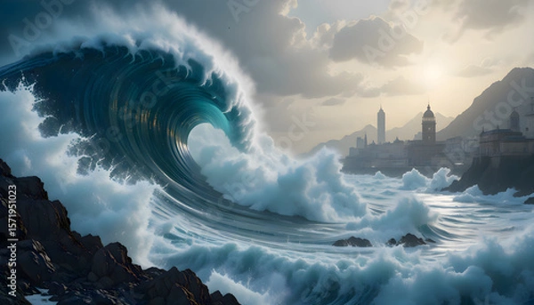 Fototapeta Large ocean wave approaching the shore with visible foam and rolling motion, showcasing sea energy and dynamic power in coastal environment