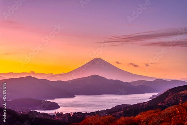 Obraz 日没の富士山・芦ノ湖