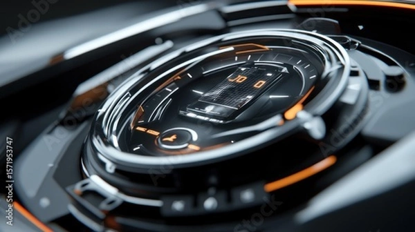 Fototapeta Close-up of futuristic car dashboard.  Complex circular display with orange accents.  High-tech design