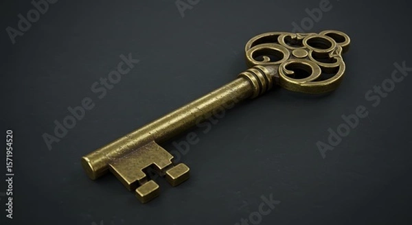 Fototapeta Antique Brass Skeleton Key Representing Access Opportunity and Old Treasures on Dark Textured Background