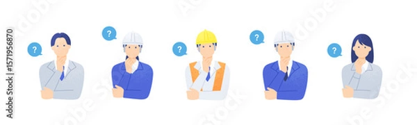 Obraz ヘルメット・作業服を着用した悩む建設作業員 問題・疑問・思考イメージの男女のイラスト
