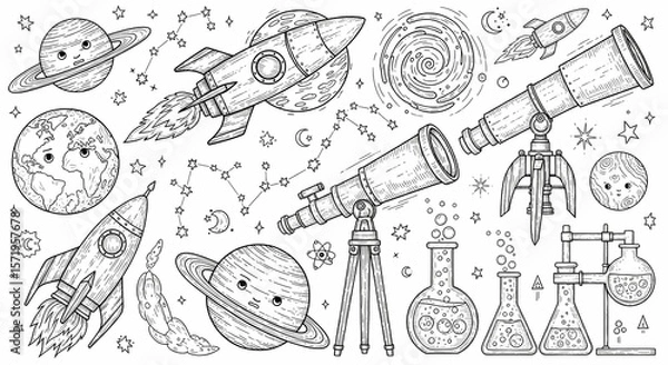 Fototapeta Whimsical hand drawn set of space and science doodles. Illustrations of planets, rockets, stars, constellations, vintage telescopes and laboratory glassware. Vintage engraving line art style