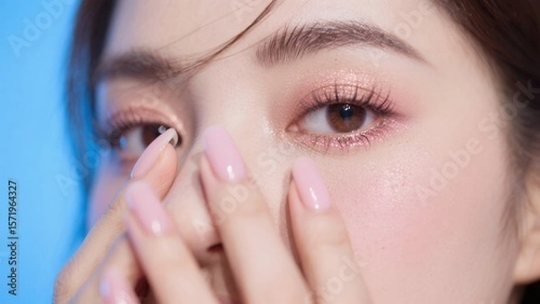 Obraz 美しい指先とピンクのアイシャドウ