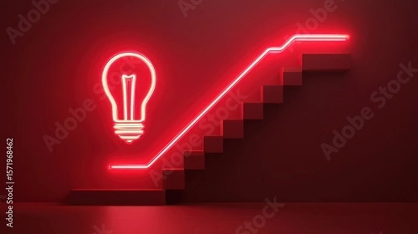 Obraz Neon red lightbulb and staircase, symbolizing progress