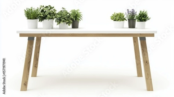 Obraz Minimalist wooden table with potted green plants arranged on top, modern decor element for home or office