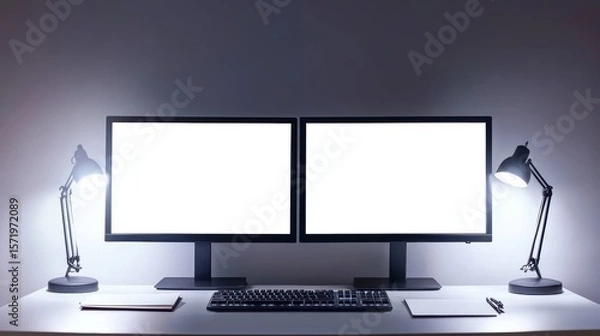 Obraz Modern dual computer monitors with adjustable reading lamps on clean desk workspace setup