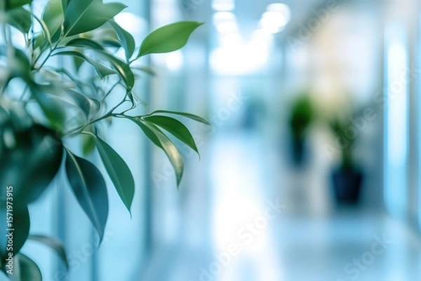 Obraz Blurred background of a hospital corridor with medical equipment and people in motion, a light blue color palette, white lighting, a bokeh effect, a medical clinic interior, and a blurred office