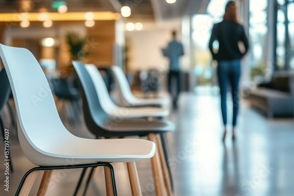 Obraz Blurred background of a hospital corridor with empty chairs and medical staff walking in the distance, a defocused background for a copy space banner concept. Stock photo with 2/3 space for text.