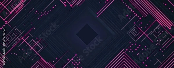 Obraz Abstract digital background with geometric shapes and lines forming an intricate pattern, featuring pink dots on a dark blue background. The composition includes wireframe elements representing