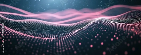 Obraz Abstract digital background with geometric shapes and lines forming an intricate pattern, featuring pink dots on a dark blue background. The composition includes wireframe elements representing