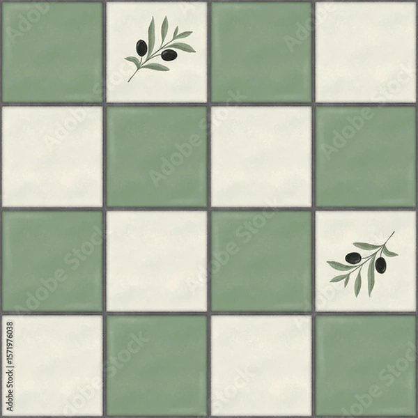 Obraz Seamless Pattern Ceramic Tile Olive Branch Mediterranean realistic kitchen backsplash background