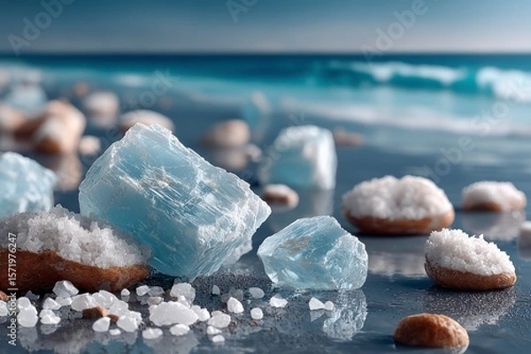 Fototapeta Raw light blue crystals and sea salt formations on a wet surface with ocean background
