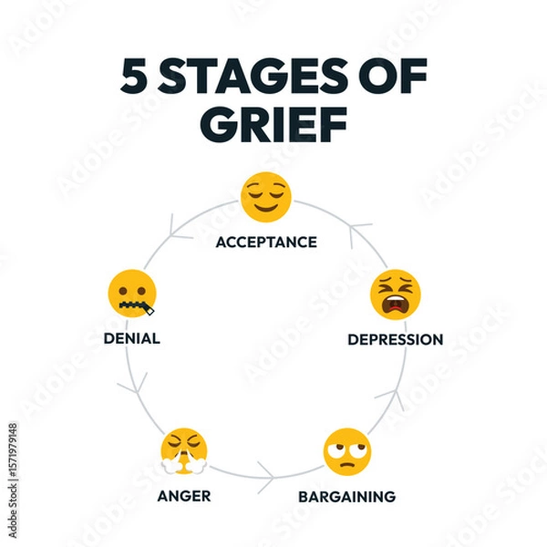 Fototapeta The 5 stages of grief cycle infographic with emoji icon