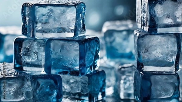 Fototapeta Blue Ice Cubes Close-Up with Frosty Texture