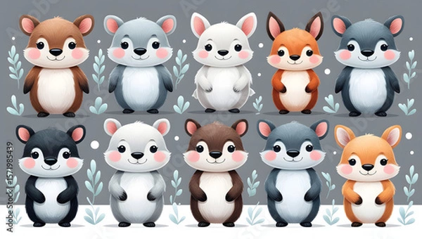 Fototapeta Cartoon Woodland and Arctic Animal Set – Cute Vector Creatures in Pastel Colors