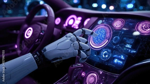 Fototapeta Futuristic AI robot hand touching holographic dashboard, glowing neural network connections, cyberpunk blue and purple lighting 