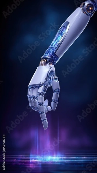 Fototapeta Futuristic AI robot hand touching holographic dashboard, glowing neural network connections, cyberpunk blue and purple lighting 