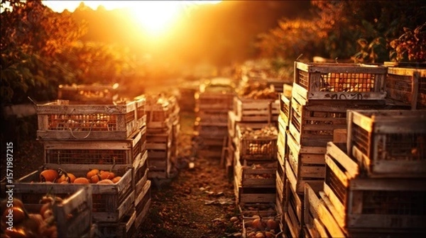 Fototapeta Pumpkin farm at golden hour, overflowing harvest baskets, rustic wooden crates, autumn foliage background, warm color grading, documentary photography style