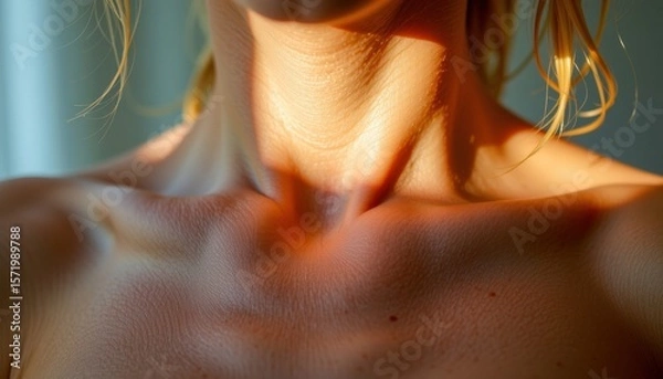 Obraz Meditation for new mothers concept. Soft skin illuminated by sunlight, highlighting natural textures and contours.