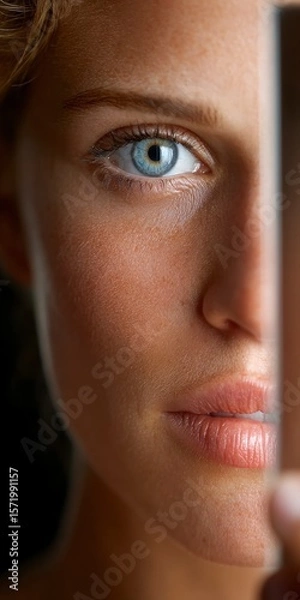 Fototapeta Extreme close up of a woman's left eye and lips highlighting skin texture and a blue iris