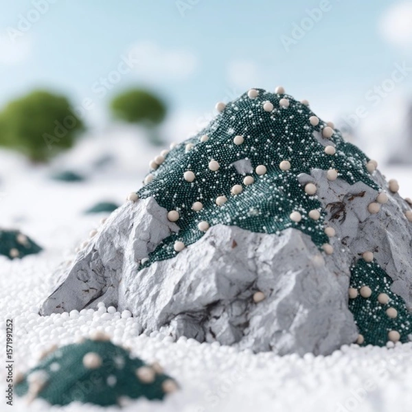 Fototapeta Textured grey mountain peak covered with small beads and green fabric surrounded by white spheres under a cloudy sky