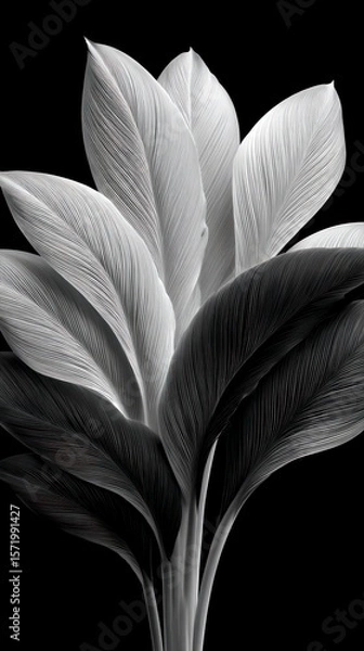 Fototapeta Close up detail of textured plant leaves in black and white soft lighting highlights intricate vein patterns