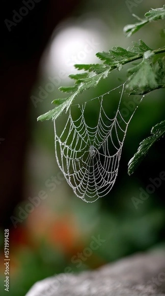 Fototapeta Intricate spider web adorned with dew drops hangs from green fern leaves