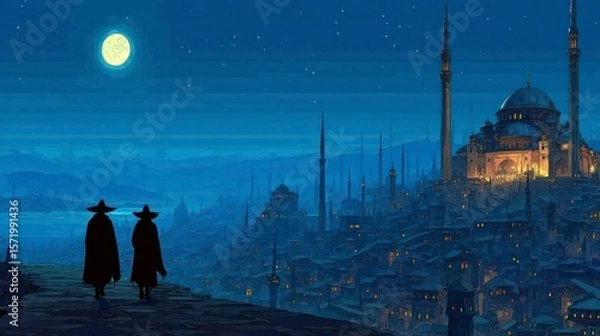 Fototapeta Two silhouetted figures in cloaks and hats overlook a sprawling cityscape illuminated by a full moon and city lights