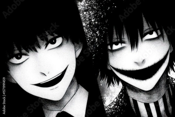 Fototapeta Two anime style characters with dark expressive eyes and wide smiles drawn in black and white